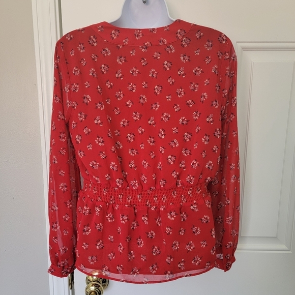 Madewell Georgette Retro Fem Red Floral Blouse Button Accent Ruffle Size XS - Picture 5 of 11
